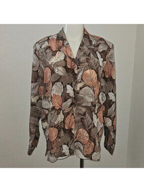 VTG Quo-Silk Button Front Blouse Brown Coral Leaves Fall 100% Silk Size Medium
